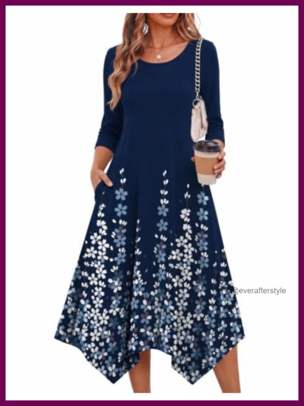 Midi Dress 3/4 Sleeve A-Line Casual with Pockets Flowy
